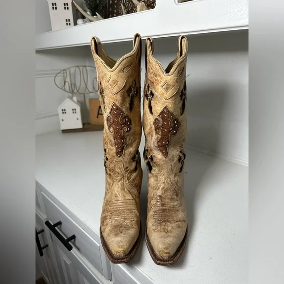 Corral Boots Women’s 6M Tan Distressed Leather Cross Cutout Western Cowboy Boots - Picture 2 of 9